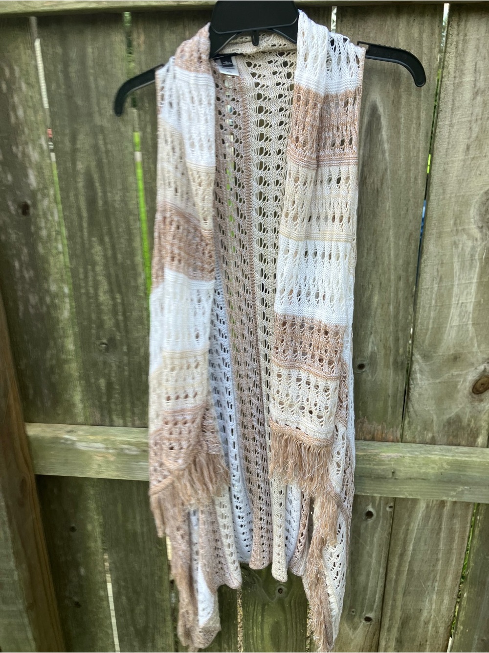 Open-Knit Fringe Cardigan Vest in Cream and Tan